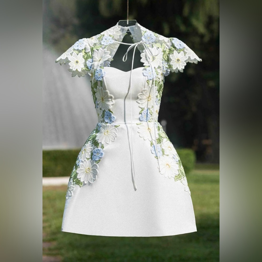 A line short sleeve blue and white mini dress